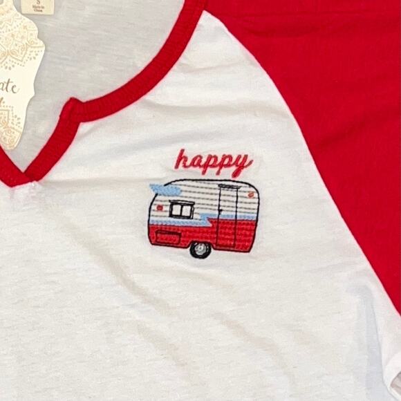 NWT Altar'd State White & Red "Happy Camper" Embroidered Cotton Tee - SIZE SMALL - Picture 5 of 9